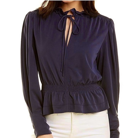 REBECCA TAYLOR Slit V-Neck Navy Long Sleeve Blouse Flattering Romantic Ruffles - Picture 1 of 13